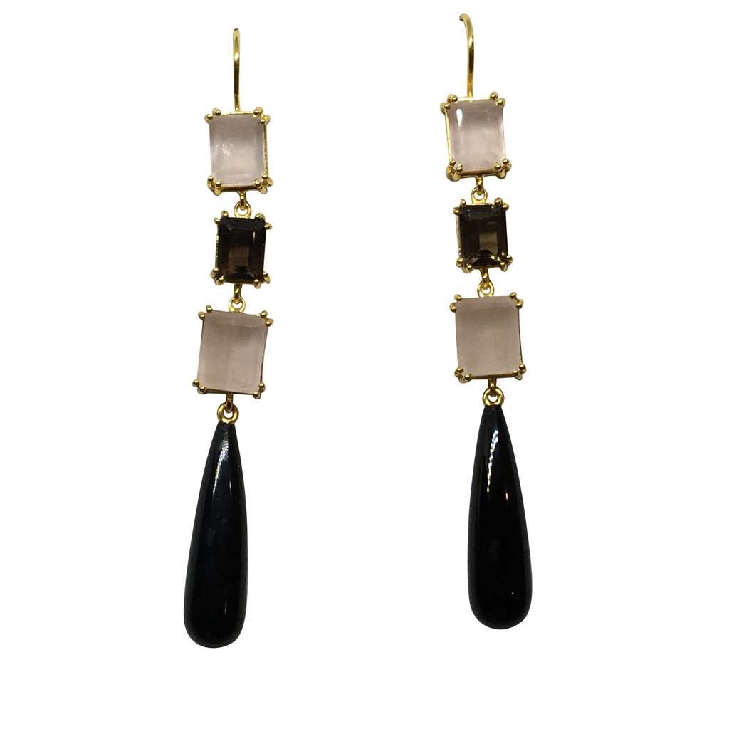 Black onyx, smoky and rose quartz earrings
