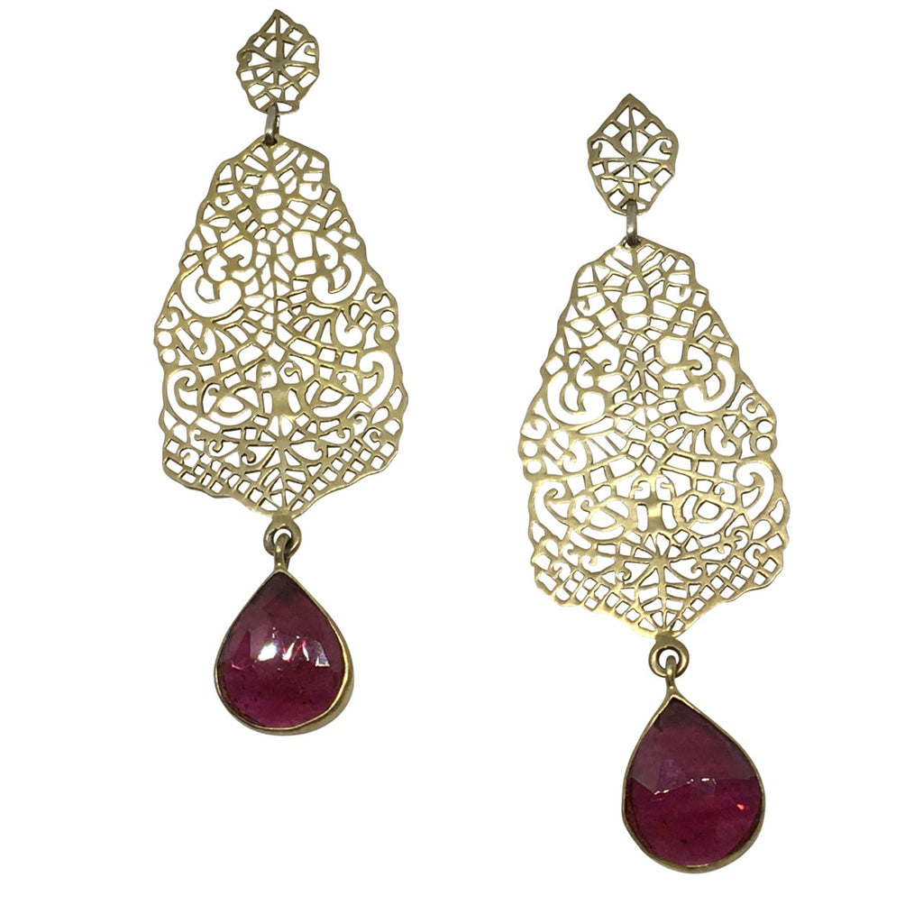 Gold cutout garnet earrings