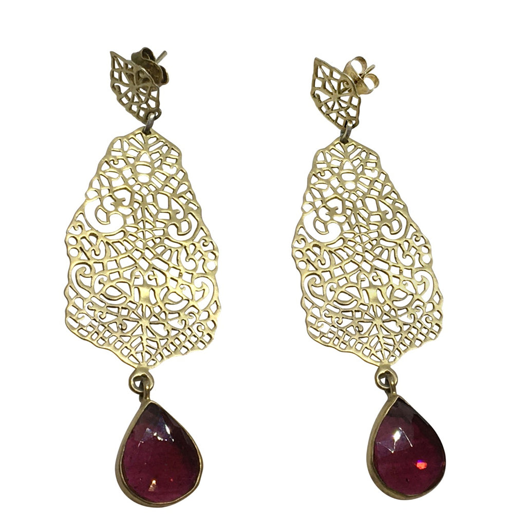 Gold cutout garnet earrings