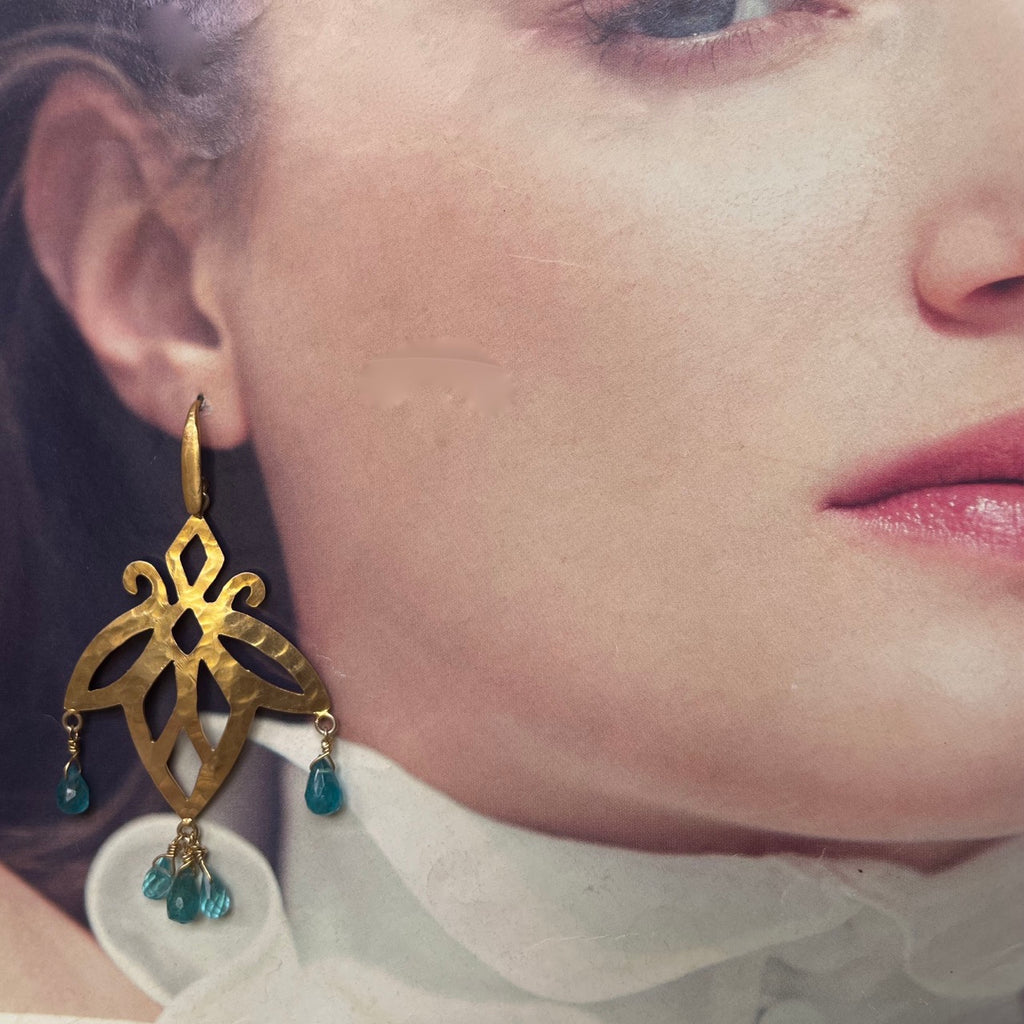 Mykonos hammered gold earrings with apatite teardrops