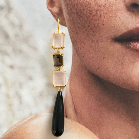 Black onyx, smoky and rose quartz earrings