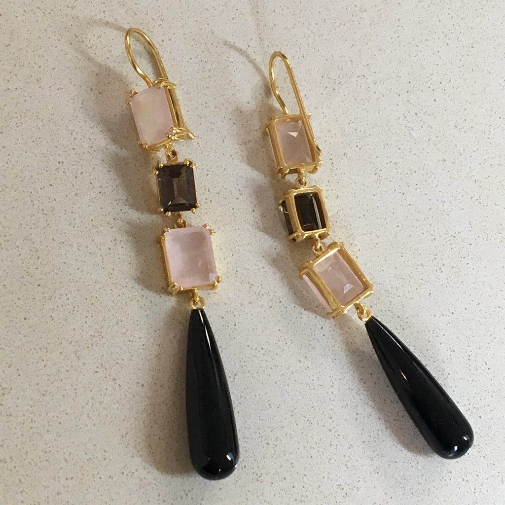 Black onyx, smoky and rose quartz earrings