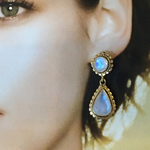 Rainbow moonstone scalloped border earrings