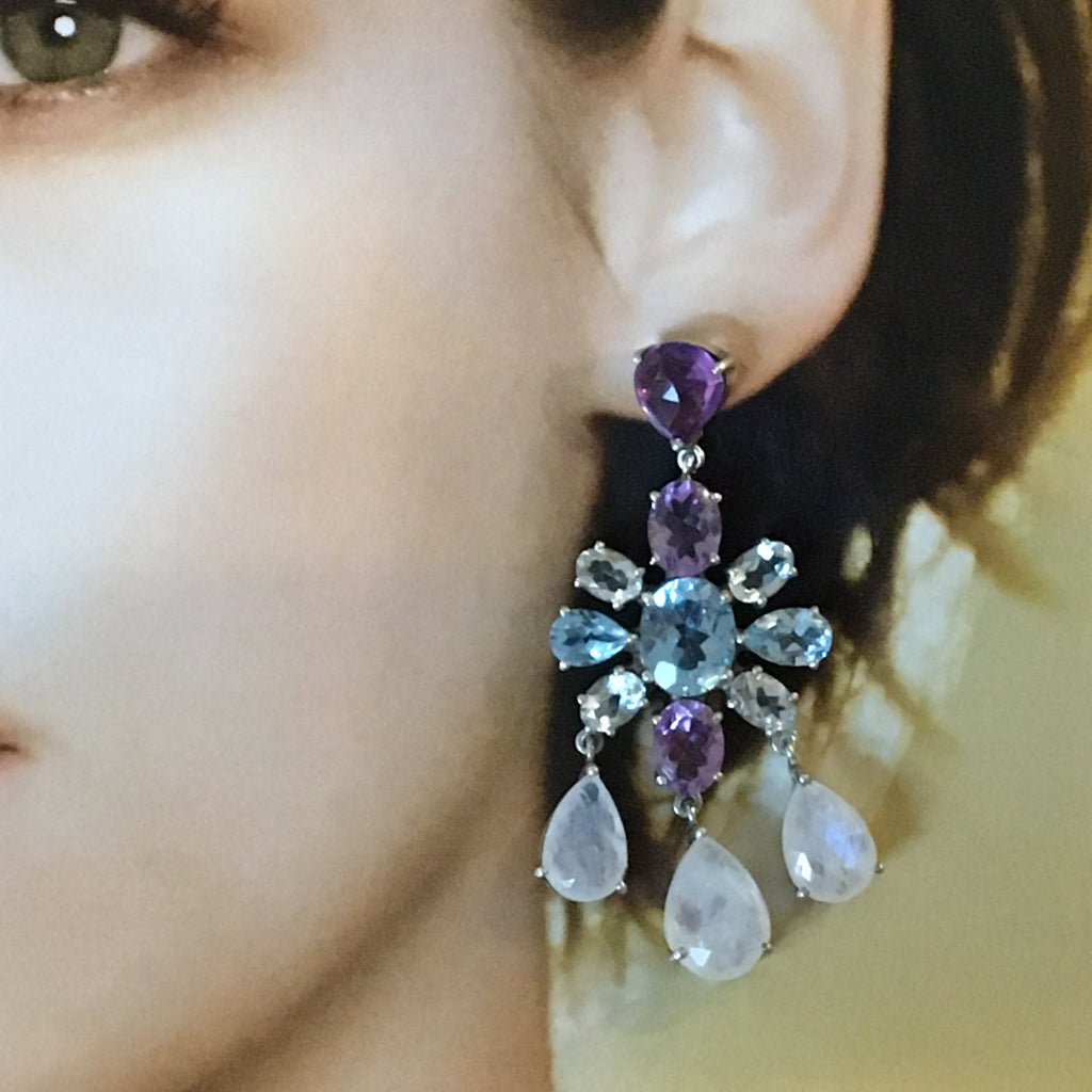 Amethyst, blue topaz and moonstone earrings