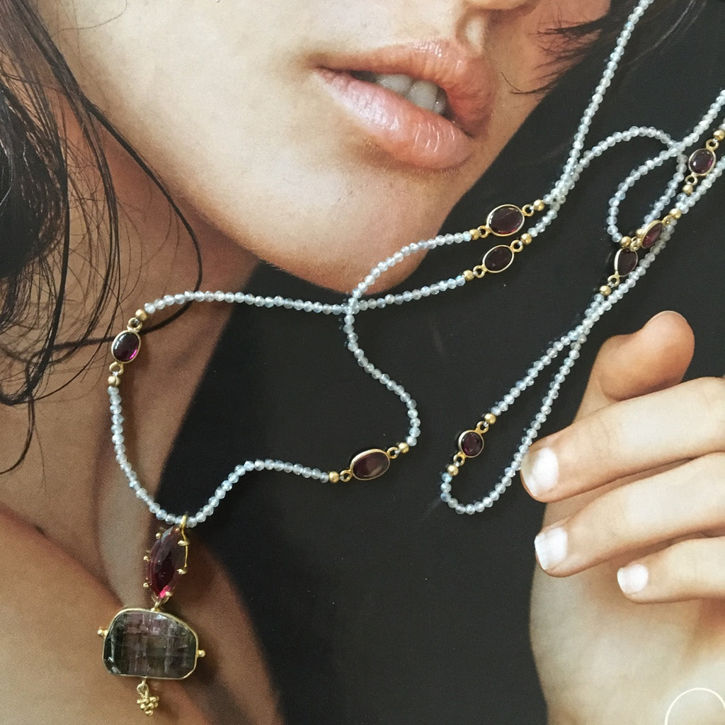 Garnet, labradorite and tourmaline pendant necklace
