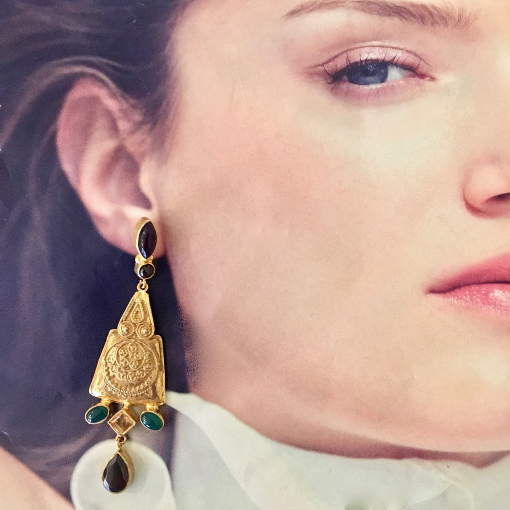 Gold scroll gem earrings