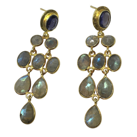 Iolite and labradorite gold earrings