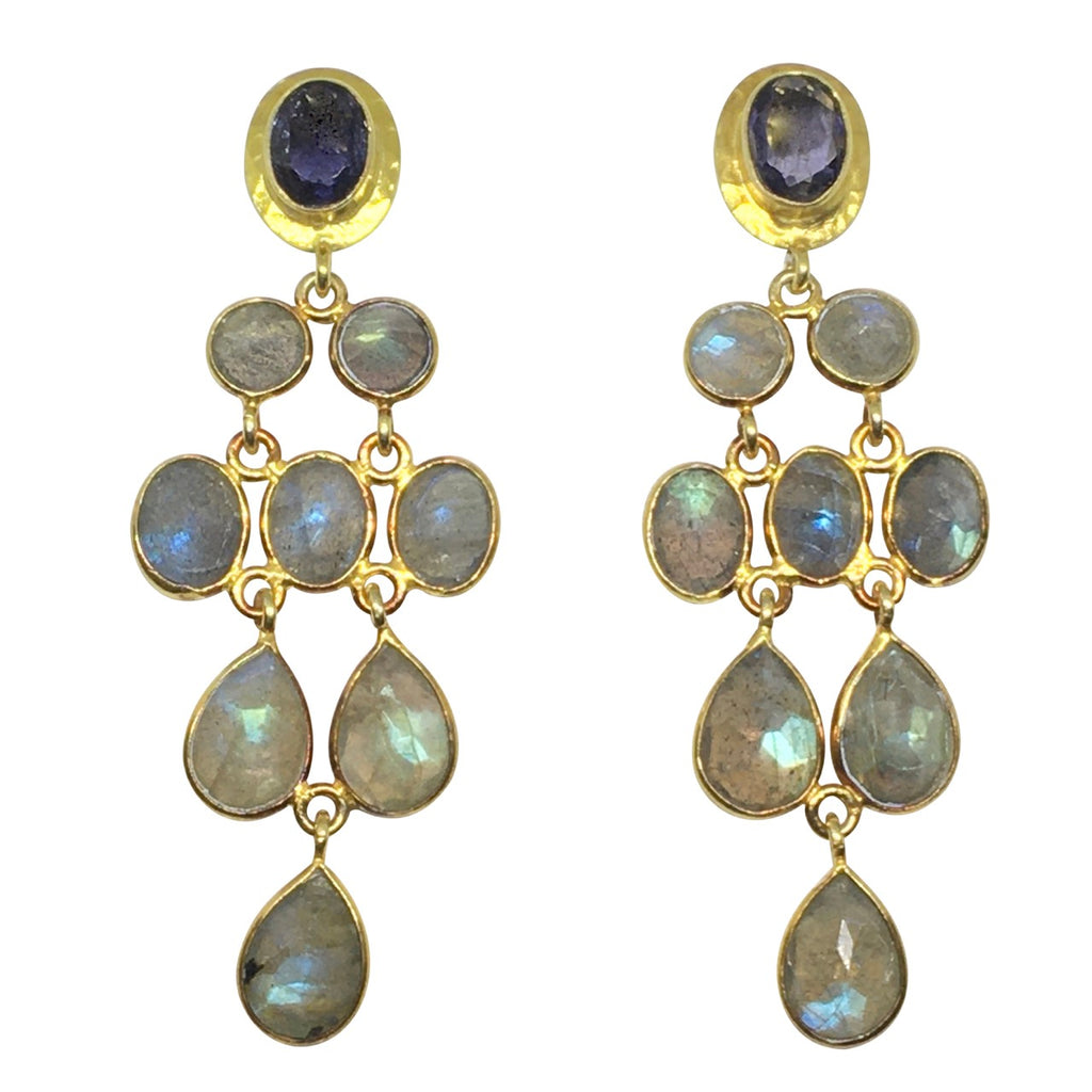 Iolite and labradorite gold earrings
