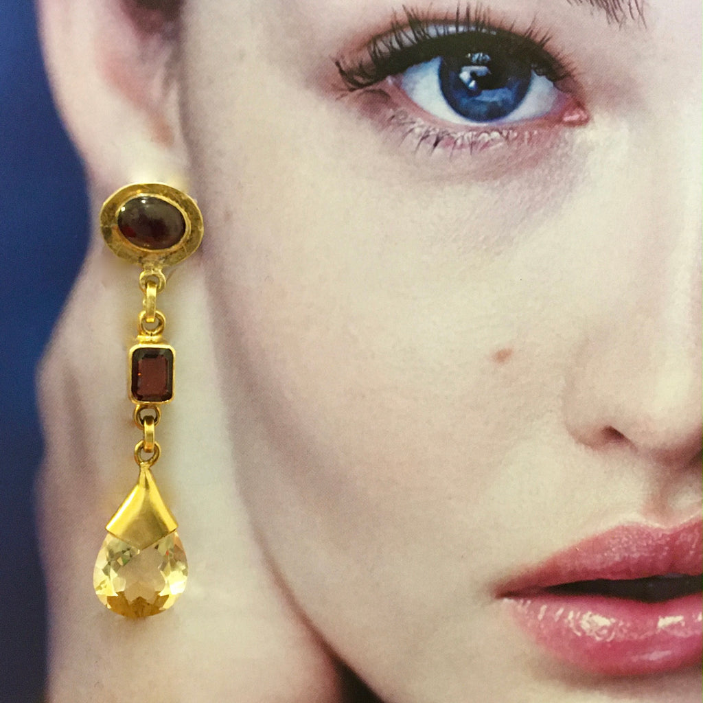 Garnet and citrine pear drop earrings